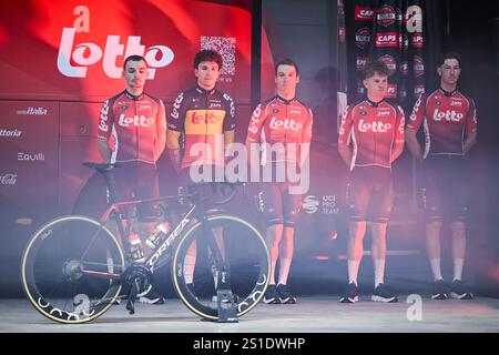 Belgian Arnaud De Lie of Lotto Cycling Team celebrates after winning