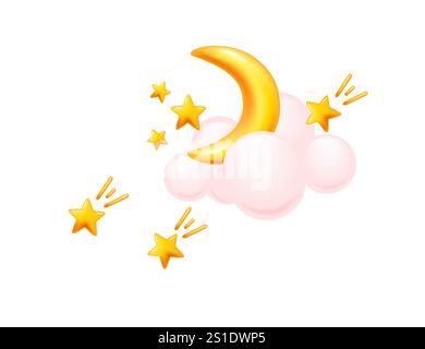 Golden crescent moon and stars shining among fluffy pink clouds. Perfect for nighttime themes, children designs, or dream-inspired projects. Vector il Stock Vector