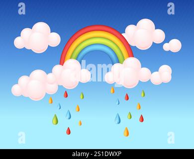 Vibrant rainbow and fluffy clouds with rain droplets on a clear blue sky background, ideal for weather apps, themes, and cheerful projects. Vector ill Stock Vector