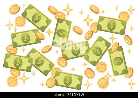 Money and coins scattered with sparkles, creating a vibrant background. Ideal for financial advertisements, online shopping, and banking promotions. V Stock Vector