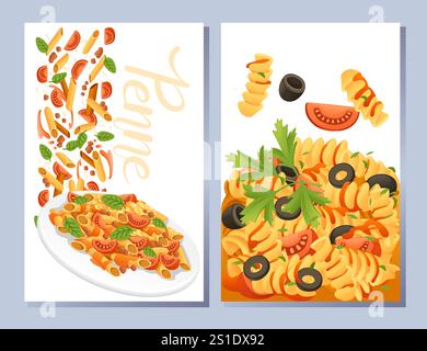 Ready for eat dish italian pasta fusilli cuisine staples with olives herbs and tomatoes vector illustration on white background. Greetings card or web Stock Vector