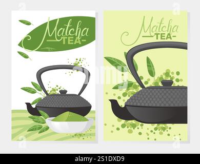 Matcha tea promotional design featuring a traditional teapot with a green tea theme. Perfect for advertising matcha products, tea shops, or organic be Stock Vector
