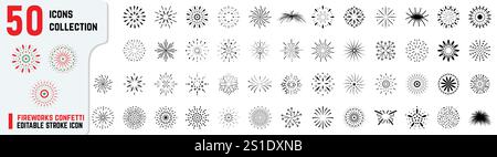 Set of 50+ firework and confetti icon. This set includes single bursts to multi-layered explosions, with each icon featuring unique patterns and shape Stock Vector