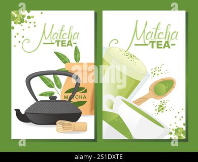 Matcha tea promotional design featuring a traditional teapot with a green tea theme. Perfect for advertising matcha products, tea shops, or organic be Stock Vector