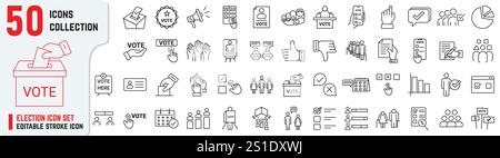 Set of Election related stroke icons also includes Raising Hand, Electronic voting, poll, box, democracy, ballot, debate, congress, president Stock Vector