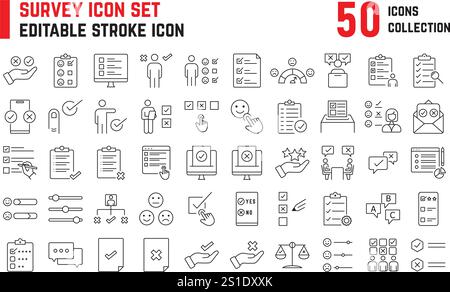 Survey editable stroke icon collection contains icons such as feedback, opinion, rating, checklist, testimonials, outstanding performance, poll Stock Vector