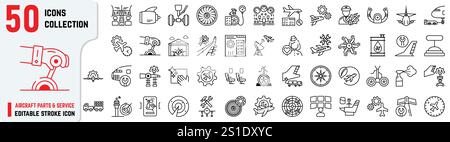 Set of Aircraft Parts and Service-related editable stroke icons also includes engine, maintenance, hangar, service, tire, cockpit, indicators signal Stock Vector