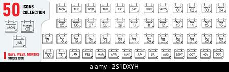 Days, Months, and Calendar Icons – Editable Line Set, Calendar icons with 1 to 31 days. Monday, Tuesday, Wednesday, Thursday, Friday, Saturday, Sunday Stock Vector