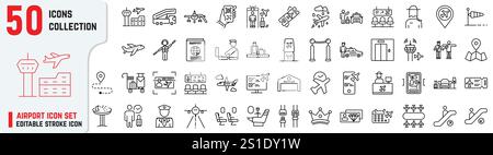 Airport Icon collections include tower, security check, web check-in, taxi, passport, lounge, ticket scanning, terminal, airplane, immigration Stock Vector