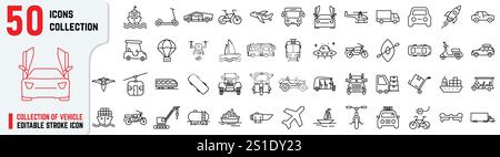 Collection of vehicle in editable stroke icon, Contains such as car, motorbike, cycle, jet, commercial cargo, drone, jeep, cable, helicopter crane Stock Vector