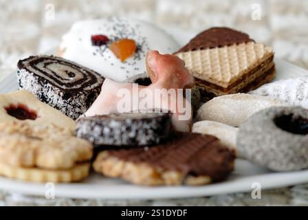 Sweet Christmas cookies, close up. On a festive tablecloth. Homemade. Trencin, Slovakia Stock Photo