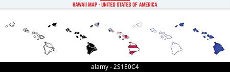 Hawaii Map with editable stroke icon. Hawaii USA State thin line icon, Hawaii map vector illustration, Hawaii, HI blue silhouette vector map Stock Vector