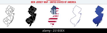 New Jersey Map with editable stroke icon. New Jersey USA State thin line icon, New Jersey map vector illustration, New Jersey, NJ silhouette Stock Vector