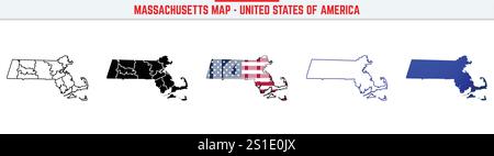 Massachusetts Map with editable stroke icon. Massachusetts USA State thin line icon, Massachusetts map vector illustration, Massachusetts, MA Stock Vector