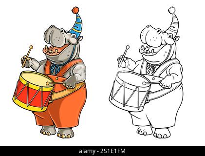 Funny hippo with a drum. A template for children to color in. Stock Photo