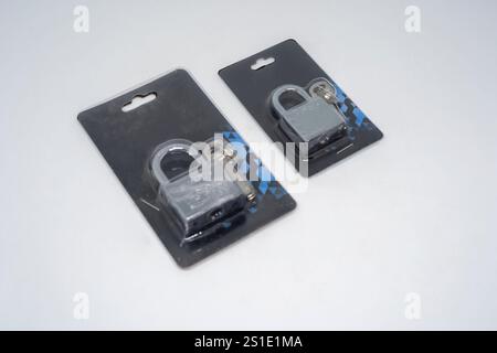 Locked Silver Padlock on a white background Stock Photo