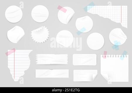 Vector realistic illustration set of white round and rectangular stickers, clip art, paper pieces Stock Vector