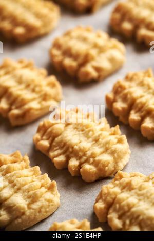 Traditional homemade Christmas cookies on a baking sheet, close up Stock Photo