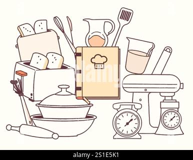 Linear style kitchen tools Stock Vector