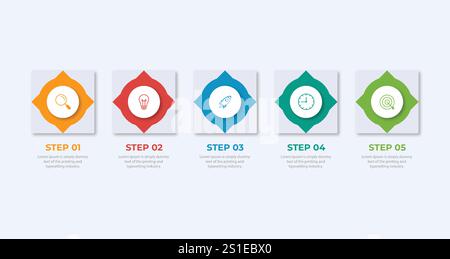 Business infographic thin line process with square template design with icons and 5 options or steps. Vector illustration. Stock Vector