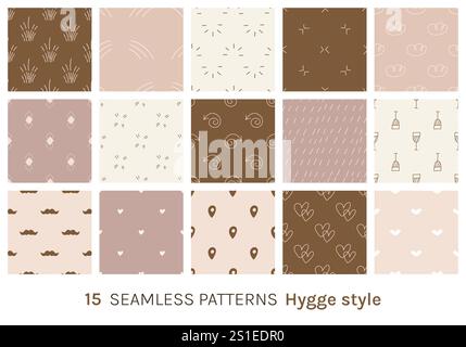 15 seamless patterns set in Hygge style. Stock Vector