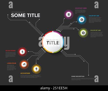 Simple Colorful Circular Infographic Design Template with six element and big circle with title on the dark background. Modern multipurpose infochart Stock Vector