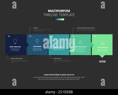 Multipurpose square green blocks time line template with sample text content and icons on black background. Simple infochart for company history visua Stock Vector