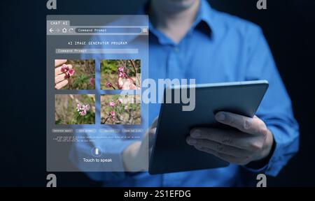 AI image generator. A man uses a program, artificial intelligence assistant, on his tablet to generate photographs by Ai intelligence. Stock Photo