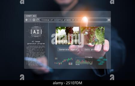 AI image generator. A man uses a program, artificial intelligence assistant, to generate photographs by Ai intelligence. Stock Photo