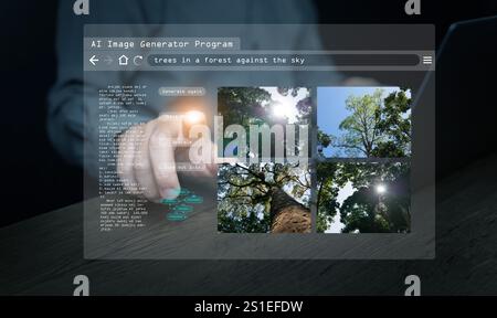 AI image generator. A man uses a program, artificial intelligence assistant, on his labtop computer  to generate photographs by Ai intelligence. Stock Photo