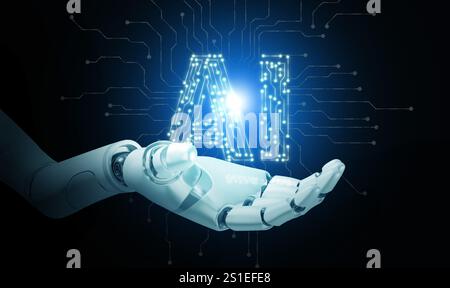 Artificial Intelligence concept. Hand of a robot carry an AI text with circuit pattern, glowing bright in the dark. Ai technology. Stock Photo