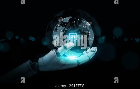 Artificial Intelligence concept. Hands of a robot holds a virtual globe with AI text chip with circuit pattern and icons, glowing bright in the dark. Stock Photo