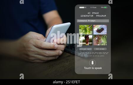AI image generator. A man uses a program, artificial intelligence assistant, on his smartphone to generate photographs by Ai intelligence. Stock Photo