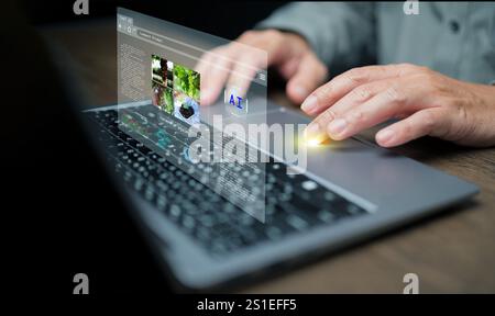 AI image generator. A man uses a program, artificial intelligence assistant, on his labtop computer  to generate photographs by Ai intelligence. Stock Photo