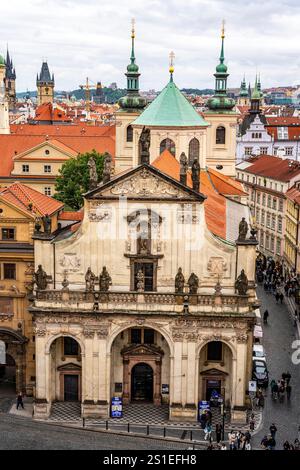 Façade of church of Saint Salvator (or church of the Holy Savior) in Křižovnické náměstí, view from Old Town Bridge Tower, Prague, Czech Republic Stock Photo