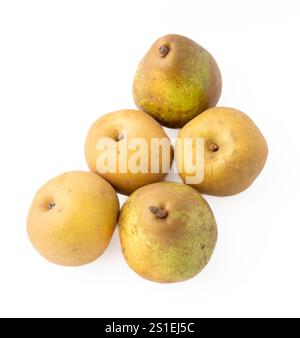 Still life. Close up of three apples Canada and two Conference pears on a white background Stock Photo