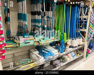 Kyiv, Ukraine - January 03, 2025: A collection of cleaning tools, including mops and brooms, organized on a store shelf display. Stock Photo