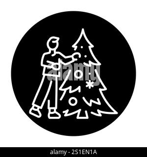 Person decorates a Christmas tree color line icon. Vector illustration.Editable stroke. Stock Vector
