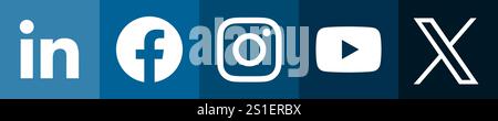 Social media app icon set. LinkedIn, Facebook, Instagram, Youtube and X, former Twitter. Flat square buttons with vector icons in dark blue shades. Stock Vector
