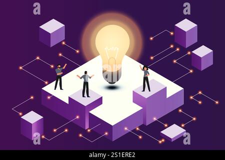 Vector isometric illustration people team working with cube and create database. Virtual communication and connection datacenter Stock Vector