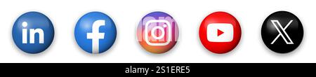 Social media app icon set. LinkedIn, Facebook, Instagram, Youtube and X, former Twitter. Circle glossy button with dropped shadow vector icons. Stock Vector