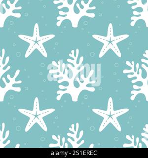 Marine soft blue pattern with white corals and starfish. Vector illustration Stock Vector