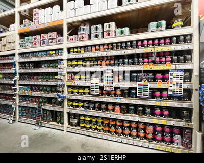 Kyiv, Ukraine - January 03, 2025: Shelves filled with colorful paint cans and color charts in an organized store setting. Stock Photo