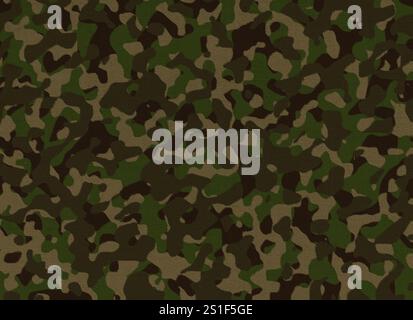 Close-up of brown and green camouflage pattern on a textile fabric. Abstract high resolution full frame textured background. Copy space. Stock Photo