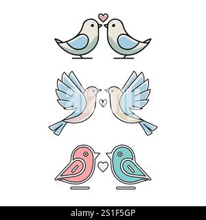 Two Minimal Simple Modern Romantic Birds with Heart Flat Vector Bundle Valentine Day Kiss Day EPS10 Stock Vector