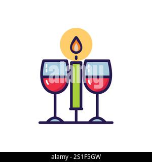 Two Wine Glasses and a Candle Light Romantic Flat Minimal Simple Vector Valentine Day EPS10. Stock Vector