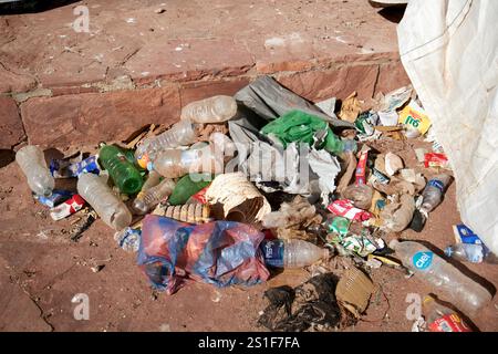 discarded plastic bottles and waste in essaouira port harbour, morocco Stock Photo