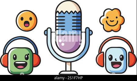 Collection of podcast related vector icons in a flat, colorful style featuring headphones, microphones, and app interfaces Stock Vector