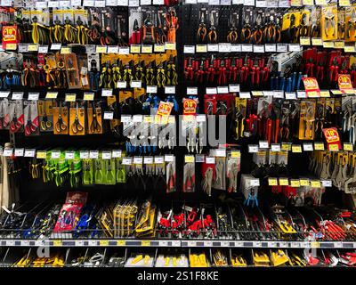 Kyiv, Ukraine - January 03, 2025: A detailed view of a hardware store shelf showcasing various hand tools and accessories, organized by brand and func Stock Photo