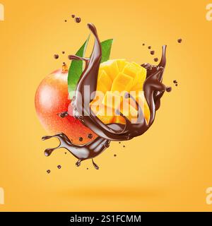 mango in chocolate splash on a yellow background. Stock Photo